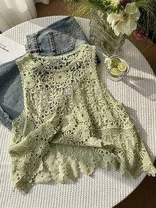 SHEIN EZwear Plus Size Women's Spring/Summer Hollow Design Ruffle Hem Knit Vest Party Vacation Sage Green Romantic Corset - Green - View 6