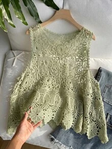 SHEIN EZwear Plus Size Women's Spring/Summer Hollow Design Ruffle Hem Knit Vest Party Vacation Sage Green Romantic Corset - Green - View 1