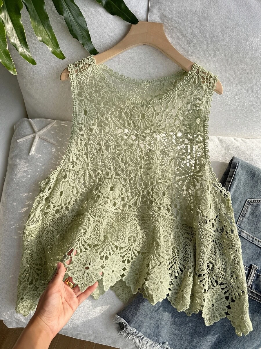 SHEIN EZwear Plus Size Women's Spring/Summer Hollow Design Ruffle Hem Knit Vest Party Vacation Sage Green Romantic Corset - Green - View 1