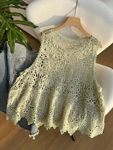SHEIN EZwear Plus Size Women's Spring/Summer Hollow Design Ruffle Hem Knit Vest Party Vacation Sage Green Romantic Corset - Green - View 3