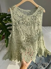 SHEIN EZwear Plus Size Women's Spring/Summer Hollow Design Ruffle Hem Knit Vest Party Vacation Sage Green Romantic Corset - Green - View 5