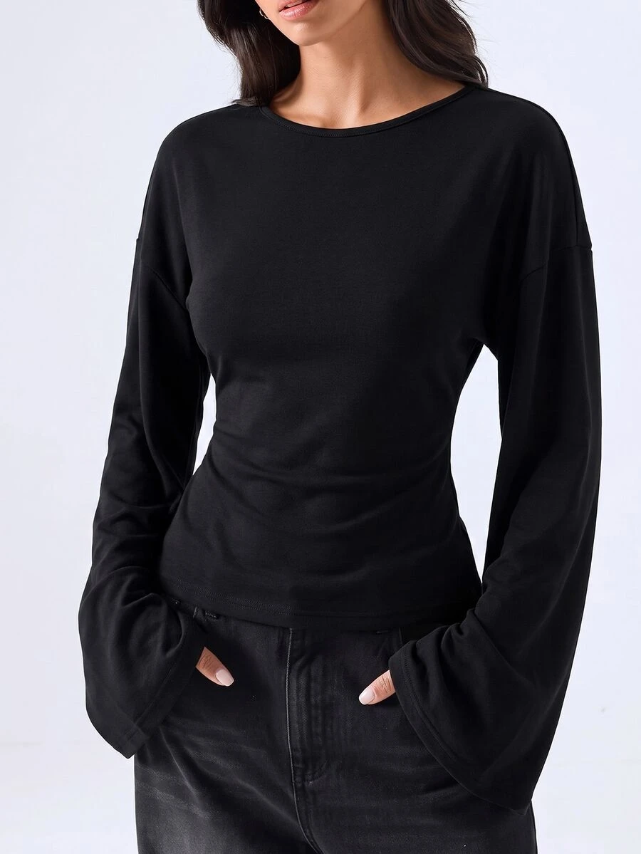 LYSMO Korean Style Minimalist Long Sleeve Slim Fit T-Shirt - Black - View 1
