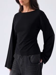 LYSMO Korean Style Minimalist Long Sleeve Slim Fit T-Shirt - Black - View 5