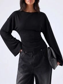 LYSMO Korean Style Minimalist Long Sleeve Slim Fit T-Shirt - Black - View 4