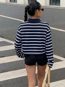 Muchica Women's Knight Graphic Striped Colorblock Casual Everyday Long Sleeve Sweatshirt - Navy Blue - View 2