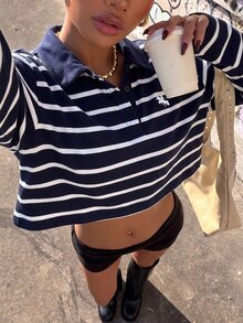 Muchica Women's Knight Graphic Striped Colorblock Casual Everyday Long Sleeve Sweatshirt - Navy Blue - View 4