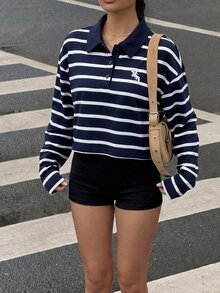 Muchica Women's Knight Graphic Striped Colorblock Casual Everyday Long Sleeve Sweatshirt - Navy Blue - View 5