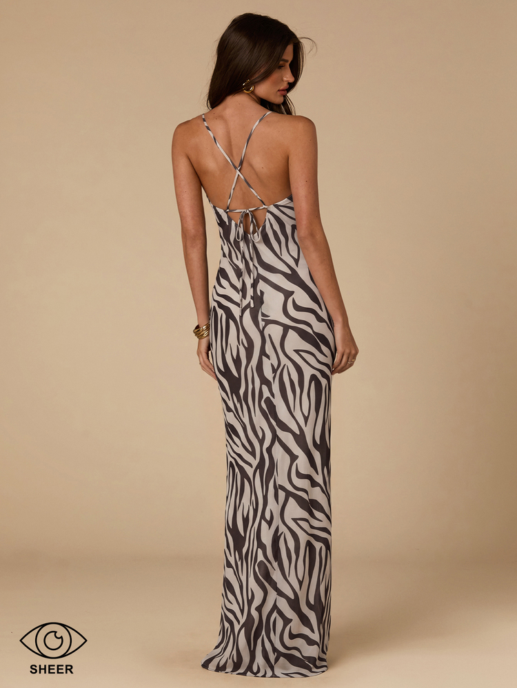 SHEIN BAE Đầm maxi hai dây họa tiết vằn ngựa vằn, vạt trước rủ - Màu be - Xem 2