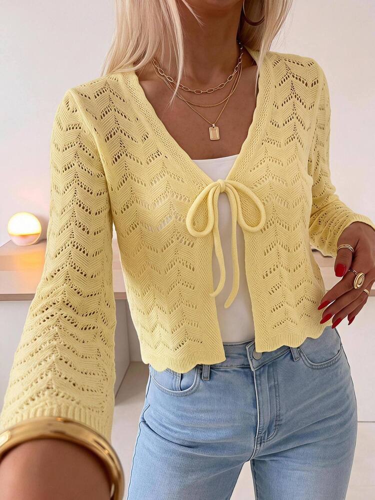 Vivid Eden Women's Fashion Vacation Hollow Out Tie-Up Knit Thin Cardigan Brunch Pale Yellow Autumn Casual Elegant - Light Yellow - View 8