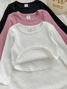 SHEIN 3件組超值！可愛女嬰休閒T恤，簡約迷人，採用防勾紗布料製成 - 彩色 - 查看 4