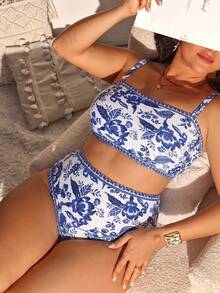 SHEIN Swim Curve 夏季海灘派對 2 件組大尺碼女款度假優雅波希米亞熱帶花卉印花泳衣與圍裹長裙套裝，純白色性感 - 彩色 - 查看 1