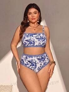 SHEIN Swim Curve 夏季海灘派對 2 件組大尺碼女款度假優雅波希米亞熱帶花卉印花泳衣與圍裹長裙套裝，純白色性感 - 彩色 - 查看 8