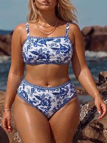 SHEIN Swim Curve 夏季海灘派對 2 件組大尺碼女款度假優雅波希米亞熱帶花卉印花泳衣與圍裹長裙套裝，純白色性感 - 彩色 - 查看 4