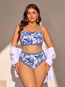 SHEIN Swim Curve 夏季海灘派對 2 件組大尺碼女款度假優雅波希米亞熱帶花卉印花泳衣與圍裹長裙套裝，純白色性感 - 彩色 - 查看 3