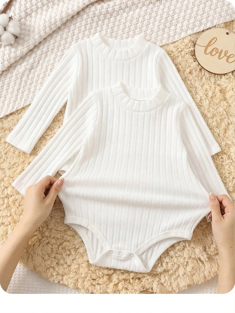 SHEIN 2pcs Baby Girl Solid Color Knit Casual Autumn Winter Bodysuit - White - View 1