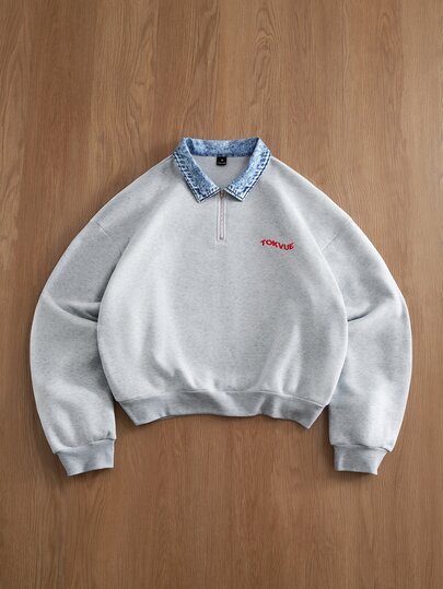 TOKVUE Men's Loose Drop Shoulder Short Zip-Up Half-Open Pullover Sweatshirt, Grey Sweatshirt, Paired With Contrast Color Vintage Denim Print Collar, Simple Letter Embroidery Craft, American Vintage Casual Fit, Comfortable And Versatile, Suitable For Outings, Street Photography, Travel, Daily Wear, Etc.