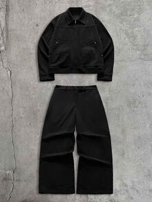 AXEPEAK Men's Autumn Casual Shirt And Pants Set - Black - View 2