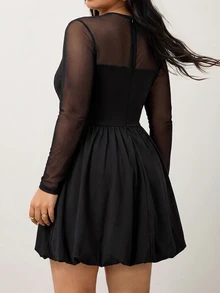 Enliva Plus Size Women's Solid Color Round Neck Long Sleeve Mesh Fashion Dress/Autumn /Winter Fall - Black - View 3