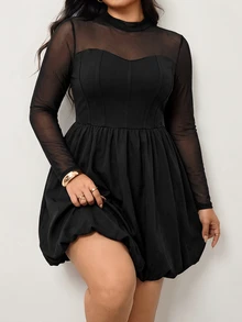 Enliva Plus Size Women's Solid Color Round Neck Long Sleeve Mesh Fashion Dress/Autumn /Winter Fall - Black - View 5