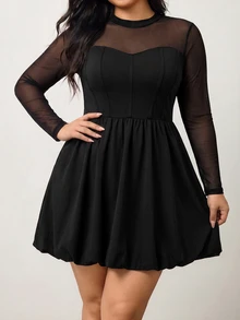 Enliva Plus Size Women's Solid Color Round Neck Long Sleeve Mesh Fashion Dress/Autumn /Winter Fall - Black - View 6