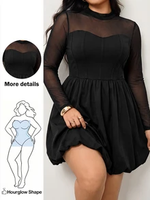Enliva Plus Size Women's Solid Color Round Neck Long Sleeve Mesh Fashion Dress/Autumn /Winter Fall - Black - View 2