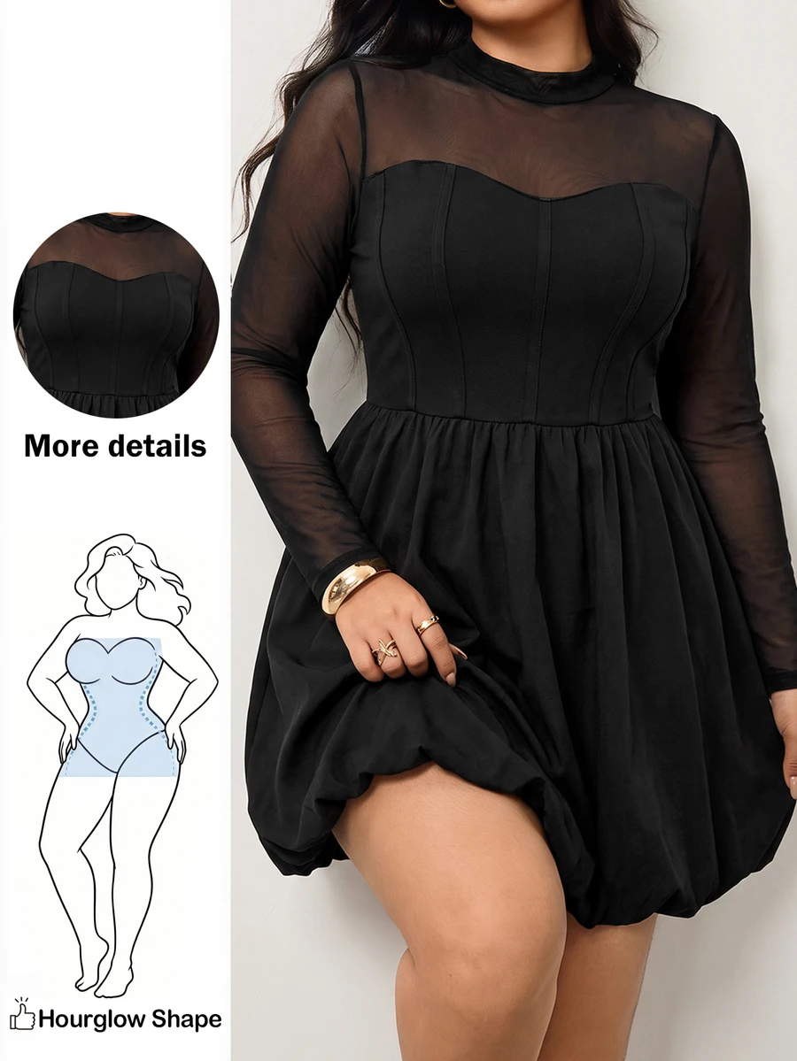 Enliva Plus Size Women's Solid Color Round Neck Long Sleeve Mesh Fashion Dress/Autumn /Winter Fall