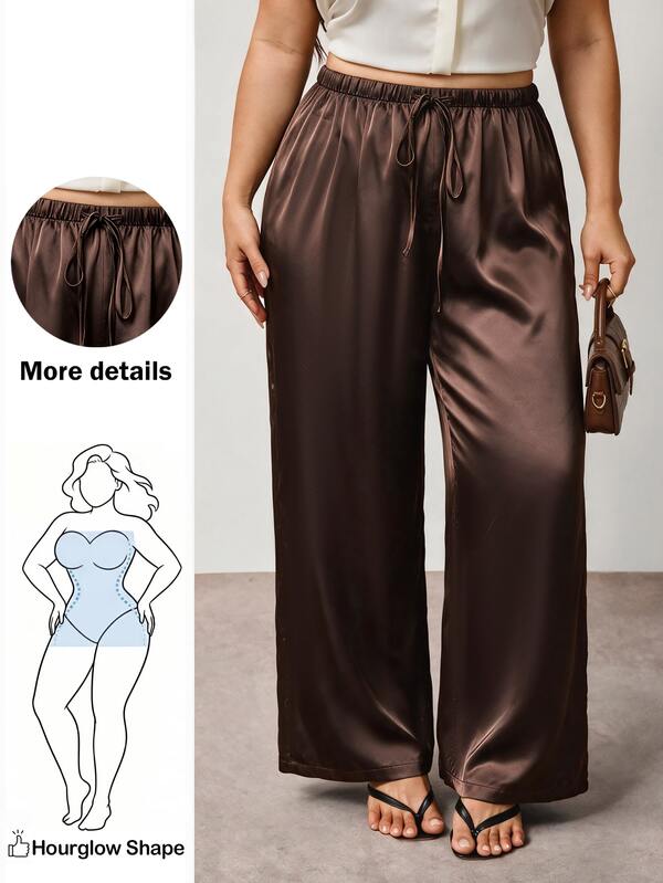Enliva Plus-Size Women's Wrinkle-Resistant Satin Straight-Leg Loose-Fitting Trousers, Chocolate Brown, Elegant Versatile, Perfect For Summer, Party Dinner