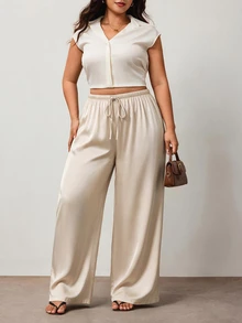 Enliva Plus Size Women Solid Color Drawstring Waist Casual Soft Form Capsule Versatile Daily Wear Pants Vacation Office Beige Summer - Apricot - View 5