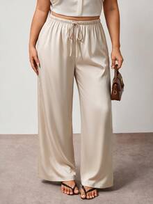 Enliva Plus Size Women Solid Color Drawstring Waist Casual Soft Form Capsule Versatile Daily Wear Pants Vacation Office Beige Summer - Apricot - View 4
