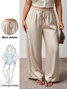 Enliva Plus Size Women Solid Color Drawstring Waist Casual Soft Form Capsule Versatile Daily Wear Pants Vacation Office Beige Summer - Apricot - View 1