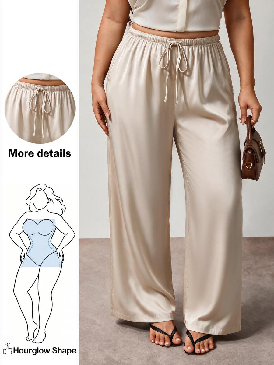 Enliva Plus Size Women Solid Color Drawstring Waist Casual Soft Form Capsule Versatile Daily Wear Pants Vacation Office Beige Summer - Apricot - View 1