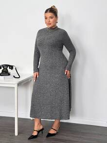 Enliva Lacenleopard Plus Size Solid Color Ribbed Stand Collar Long Sleeve Dress For Pear Triangle Body Shape Autumn Office Homewear Semi Formal Black Casual - Grey - View 3