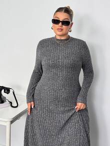 Enliva Lacenleopard Plus Size Solid Color Ribbed Stand Collar Long Sleeve Dress For Pear Triangle Body Shape Autumn Office Homewear Semi Formal Black Casual - Grey - View 7