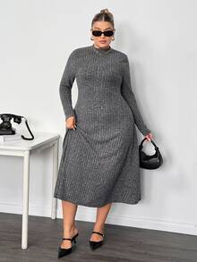 Enliva Lacenleopard Plus Size Solid Color Ribbed Stand Collar Long Sleeve Dress For Pear Triangle Body Shape Autumn Office Homewear Semi Formal Black Casual - Grey - View 5