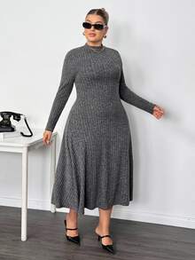 Enliva Lacenleopard Plus Size Solid Color Ribbed Stand Collar Long Sleeve Dress For Pear Triangle Body Shape Autumn Office Homewear Semi Formal Black Casual - Grey - View 6