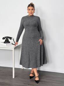 Enliva Lacenleopard Plus Size Solid Color Ribbed Stand Collar Long Sleeve Dress For Pear Triangle Body Shape Autumn Office Homewear Semi Formal Black Casual - Grey - View 4