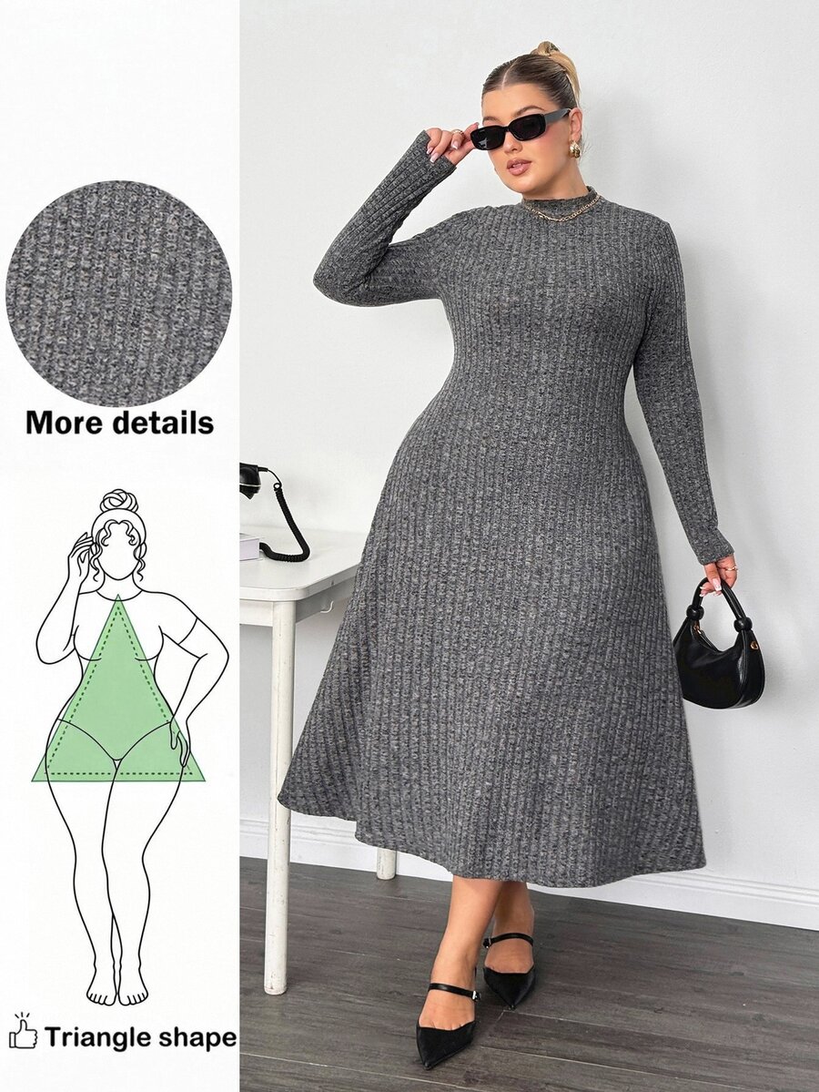 Enliva Lacenleopard Plus Size Solid Color Ribbed Stand Collar Long Sleeve Dress For Pear Triangle Body Shape Autumn Office Homewear Semi Formal Black Casual - Grey - View 1