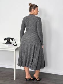 Enliva Lacenleopard Plus Size Solid Color Ribbed Stand Collar Long Sleeve Dress For Pear Triangle Body Shape Autumn Office Homewear Semi Formal Black Casual - Grey - View 2
