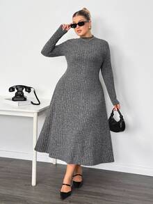 Enliva Lacenleopard Plus Size Solid Color Ribbed Stand Collar Long Sleeve Dress For Pear Triangle Body Shape Autumn Office Homewear Semi Formal Black Casual - Grey - View 8