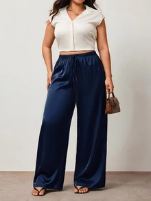 Enliva Plus Size Wrinkle-Resistant Satin Straight Leg Loose Pants, Suitable For Valentine's Day, For Hourglass Body Shape Evening Navy Blue Summer Elegant - Navy Blue - View 5