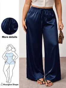 Enliva Plus Size Wrinkle-Resistant Satin Straight Leg Loose Pants, Suitable For Valentine's Day, For Hourglass Body Shape Evening Navy Blue Summer Elegant - Navy Blue - View 1
