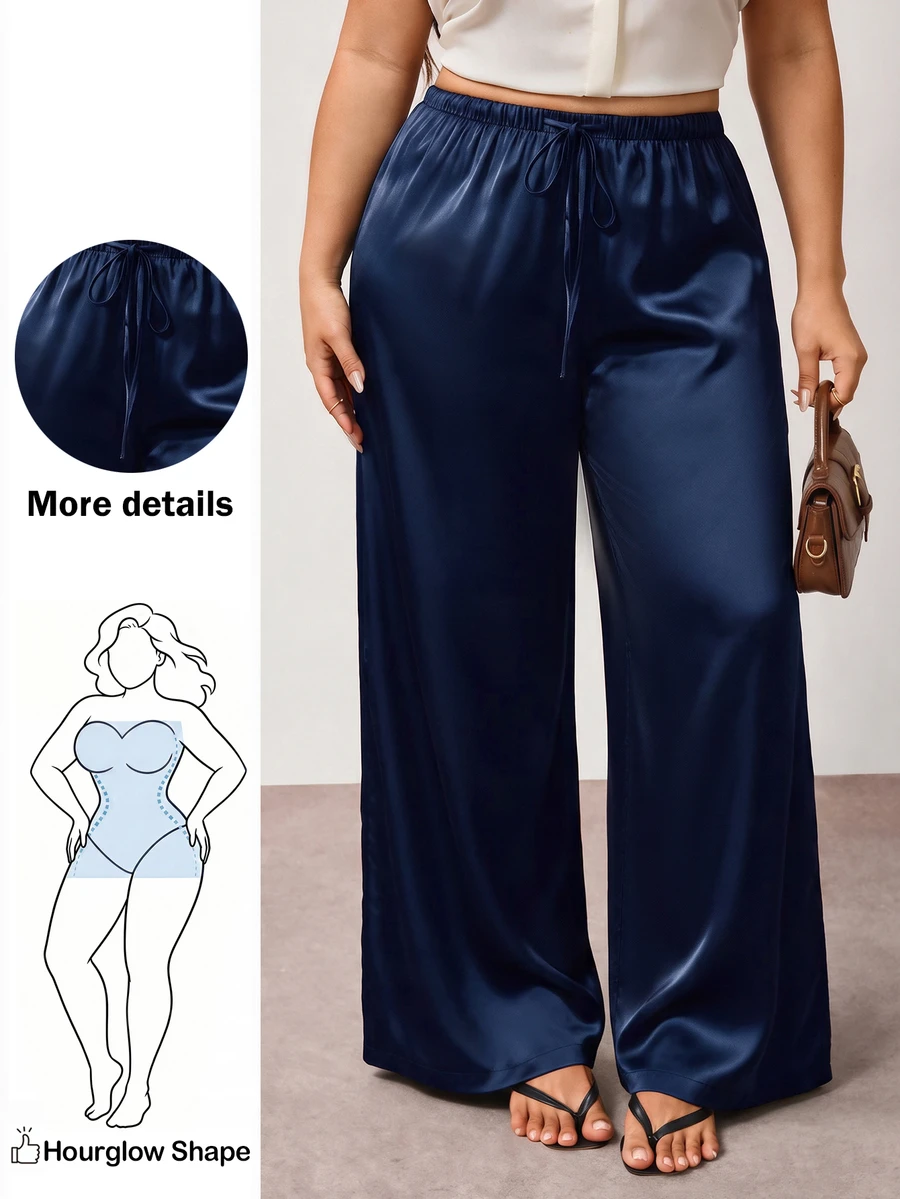 Enliva Plus Size Wrinkle-Resistant Satin Straight Leg Loose Pants, Suitable For Valentine's Day, For Hourglass Body Shape Evening Navy Blue Summer Elegant - Navy Blue - View 1