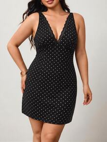Enliva Plus Size Black And White Lace Patchwork Deep V-Neck Sleeveless Dress For Hourglass Body Shape Evening Wedding Brunch Guest Summer Elegant 1960s - Black - View 5