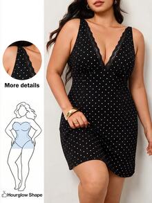 Enliva Plus Size Black And White Lace Patchwork Deep V-Neck Sleeveless Dress For Hourglass Body Shape Evening Wedding Brunch Guest Summer Elegant 1960s - Black - View 2