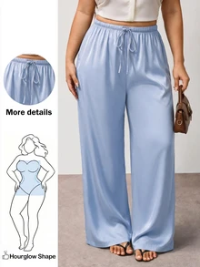 Enliva Plus Size Anti-Wrinkle Satin Valentine's Day Straight Leg Loose Fit Pants - Baby Blue - View 1