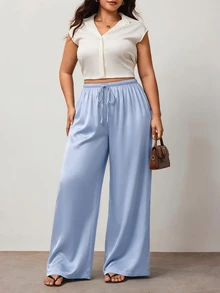 Enliva Plus Size Anti-Wrinkle Satin Valentine's Day Straight Leg Loose Fit Pants - Baby Blue - View 5