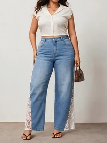Enliva Plus Size Casual Everyday Washed Contrast Lace Wide Leg Jeans, For Pear And Triangle Body Shape - Light Wash - View 4