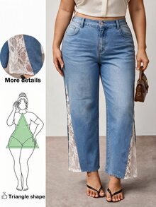 Enliva Plus Size Casual Everyday Washed Contrast Lace Wide Leg Jeans, For Pear And Triangle Body Shape - Light Wash - View 1