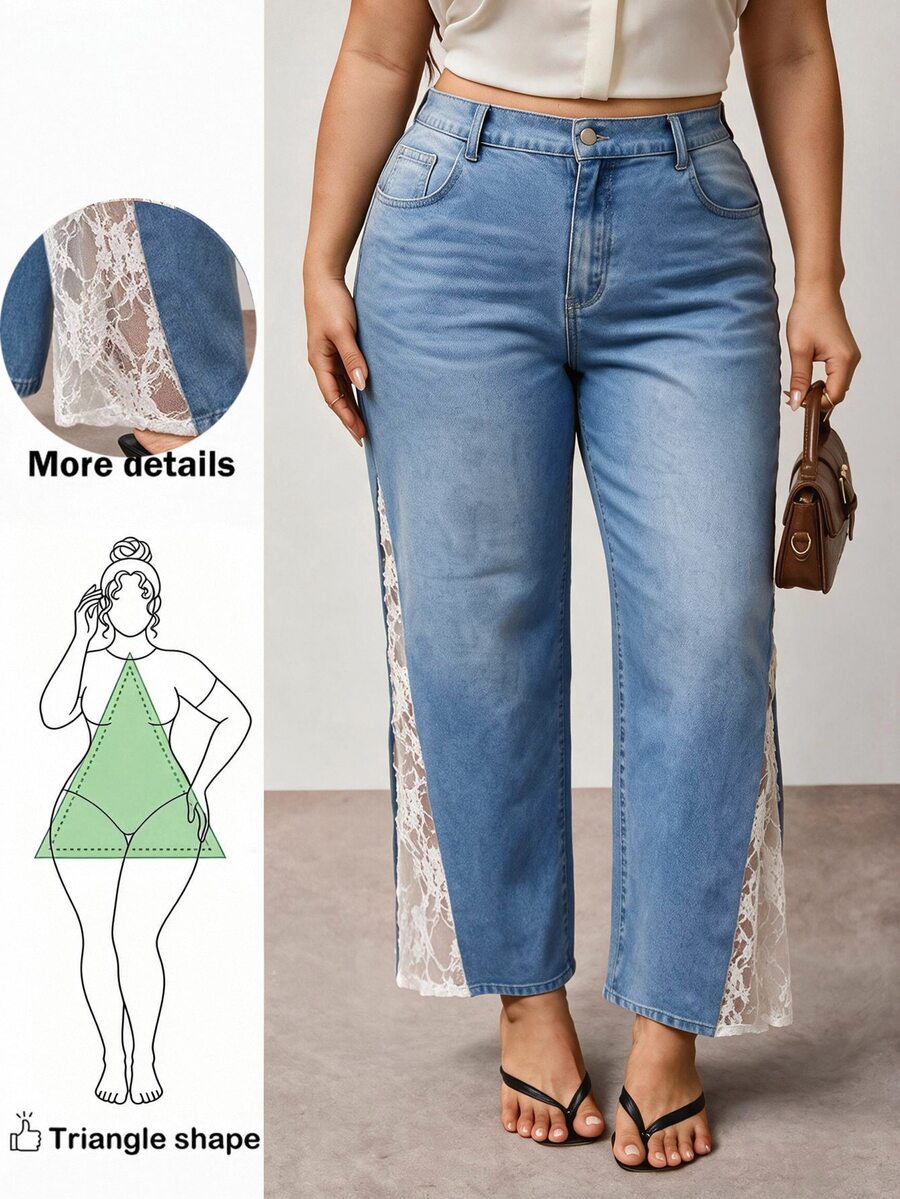Enliva Plus Size Casual Everyday Washed Contrast Lace Wide Leg Jeans, For Pear And Triangle Body Shape - Light Wash - View 1
