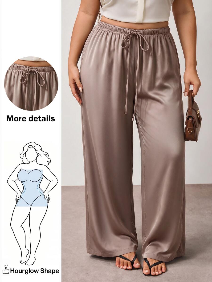 Enliva Plus Size Wrinkle-Resistant Satin Straight Leg Loose Pants, Suitable For Valentine's Day, For Hourglass Body Shape - Mocha Brown - View 1